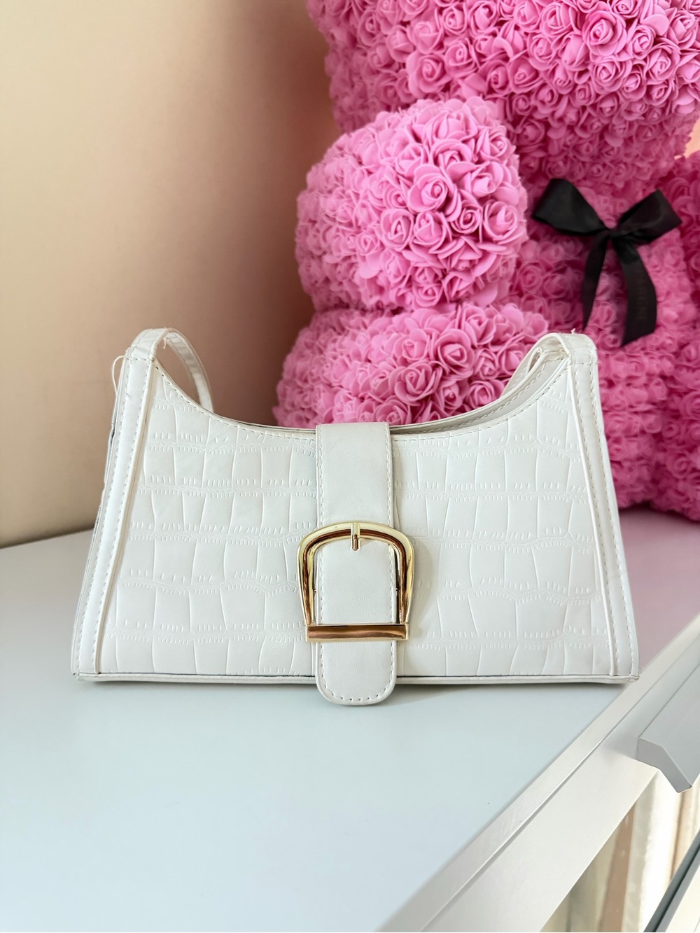 White Croc-Embossed Shoulder Bag with Gold Buckle